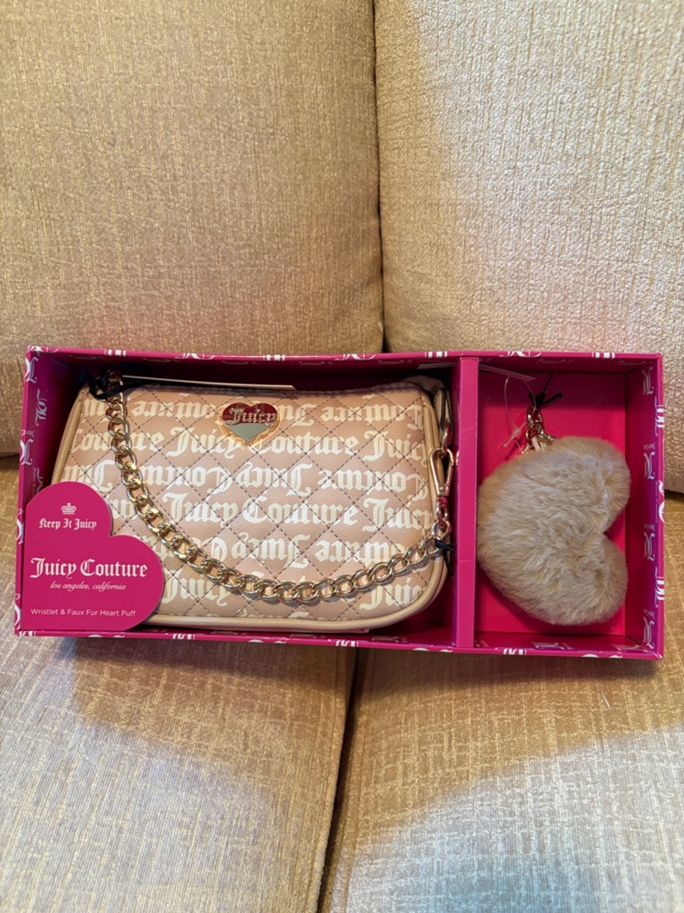 Juicy Couture Beige Ivory Logo Quilted Chain Crossbody with Heart Puff